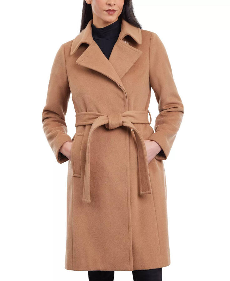 Women's Wool Blend Belted Wrap Coat Dark Camel - 1