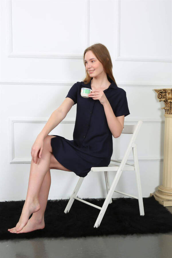 Women's Woven Fabric Button-Front Navy Tunic Nightgown 1031 - 3