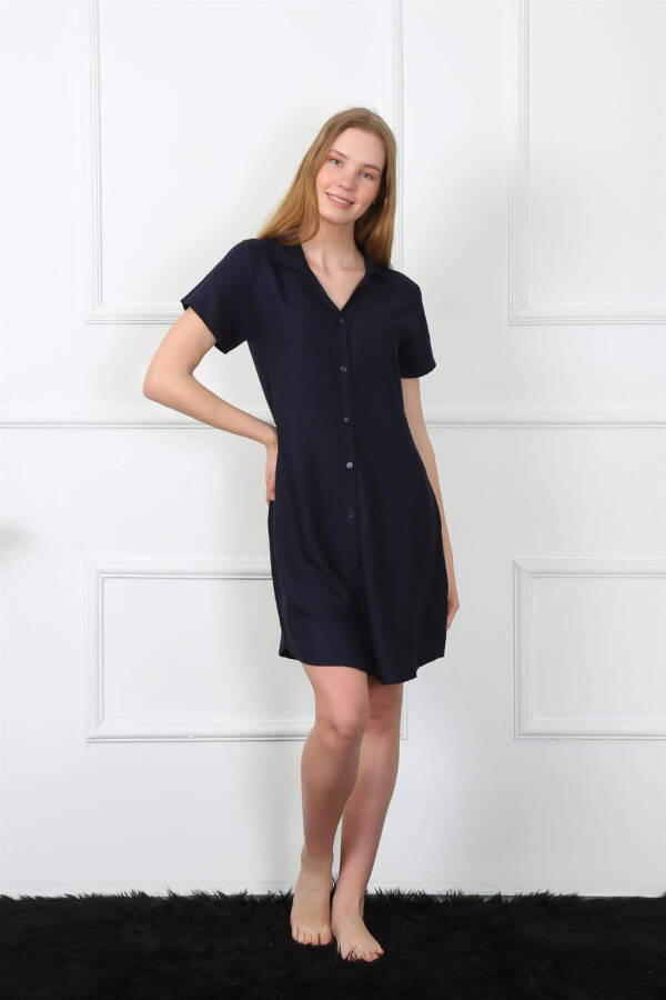 Women's Woven Fabric Button-Front Navy Tunic Nightgown 1031 - 4