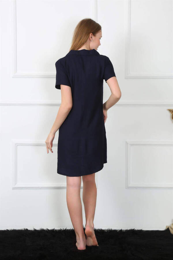 Women's Woven Fabric Button-Front Navy Tunic Nightgown 1031 - 5