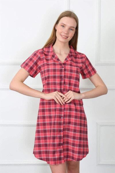 Women's Woven Fabric Button-Front Red Tunic Nightgown 1030 - 2