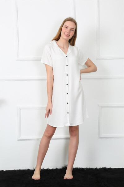 Women's Woven Fabric Buttoned White Tunic Nightgown 1031 - 2