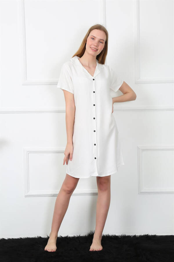 Women's Woven Fabric Buttoned White Tunic Nightgown 1031 - 2