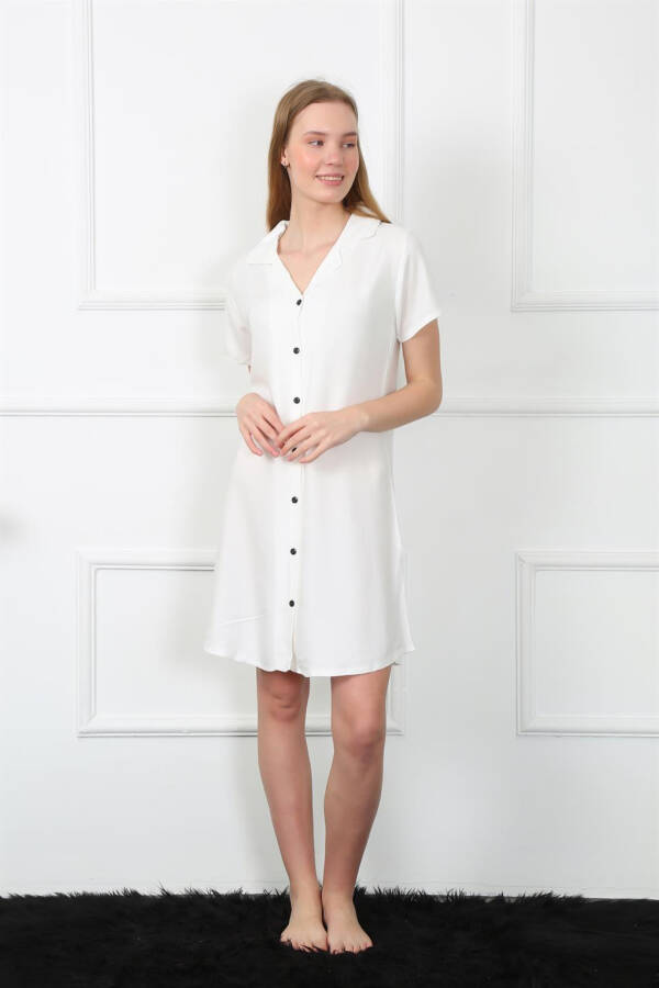 Women's Woven Fabric Buttoned White Tunic Nightgown 1031 - 3