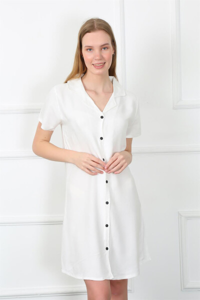 Women's Woven Fabric Buttoned White Tunic Nightgown 1031 - 5