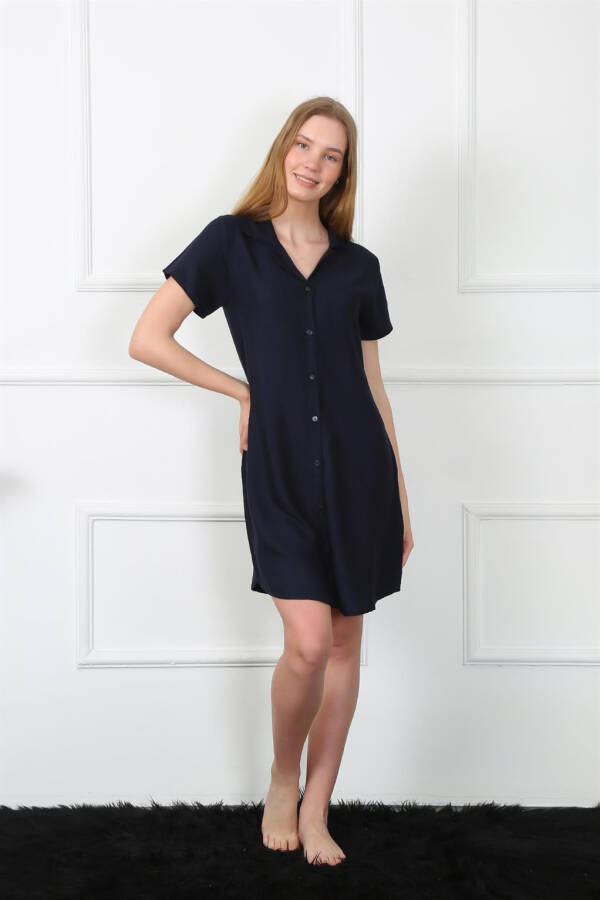 Women's Woven Fabric Front Button Navy Tunic Nightgown 1031 - 4