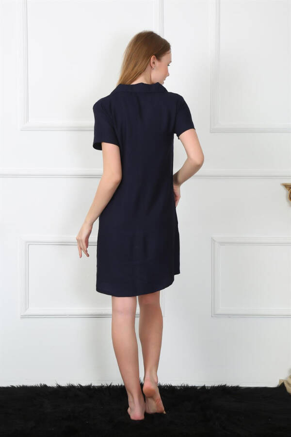 Women's Woven Fabric Front Button Navy Tunic Nightgown 1031 - 5