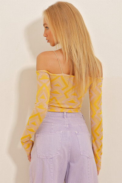 Women's Yellow Lilac Strap Detail Long Sleeve Patterned Crop Knit Blouse ALC-X10817 - 4