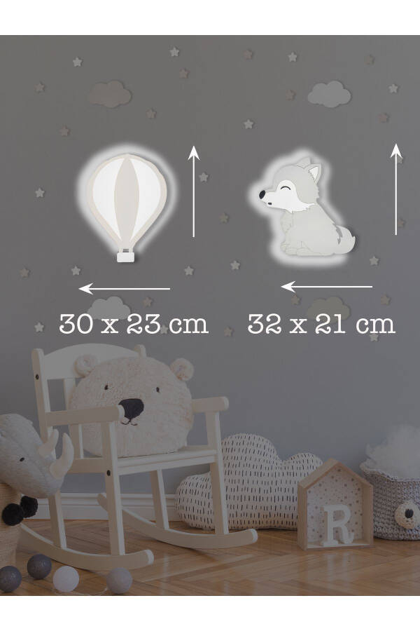 Wooden Balloon and Wolf Figure Baby and Children's Room Decorative LED Light/Night Lamp 2 Piece Set - 3