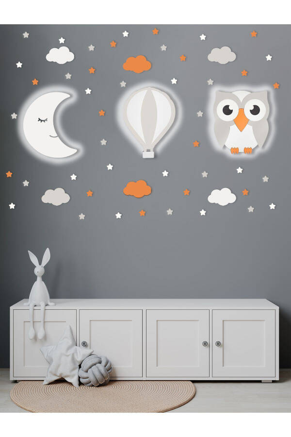 Wooden Moon Balloon And Owl Figurine Baby And Children's Room Decorative Lighting/Night Lamp 3 Piece Set - 1