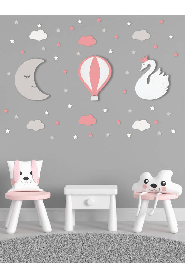 Wooden Moon Balloon And Swan Figurine Baby And Children's Room Decorative Led Lighting/Night Light 3-Piece Set - 2