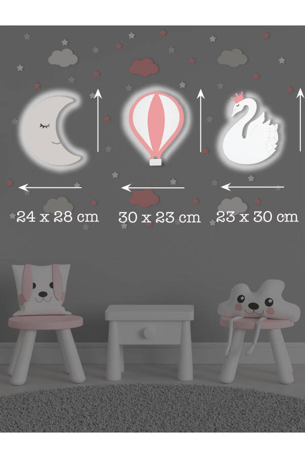 Wooden Moon Balloon And Swan Figurine Baby And Children's Room Decorative Led Lighting/Night Light 3-Piece Set - 3