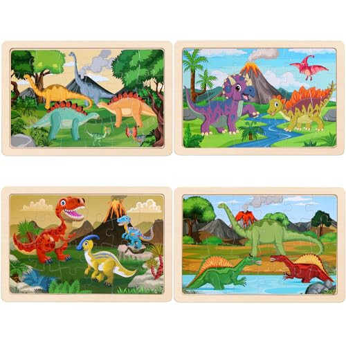 Wooden Puzzles Dinosaur Toys for Kids Ages 3-5, Set of 4 Packs with 20-Piece Wood Jigsaw Puzzles, Preschool Educational Brain Teaser Boards for Boys and Girls 3 4 5 6 Years Old - 44