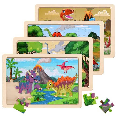 Wooden Puzzles Dinosaur Toys for Kids Ages 3-5, Set of 4 Packs with 20-Piece Wood Jigsaw Puzzles, Preschool Educational Brain Teaser Boards for Boys and Girls 3 4 5 6 Years Old - 22