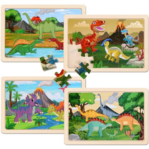 Wooden Puzzles Dinosaur Toys for Kids Ages 3-5, Set of 4 Packs with 20-Piece Wood Jigsaw Puzzles, Preschool Educational Brain Teaser Boards for Boys and Girls 3 4 5 6 Years Old - 24