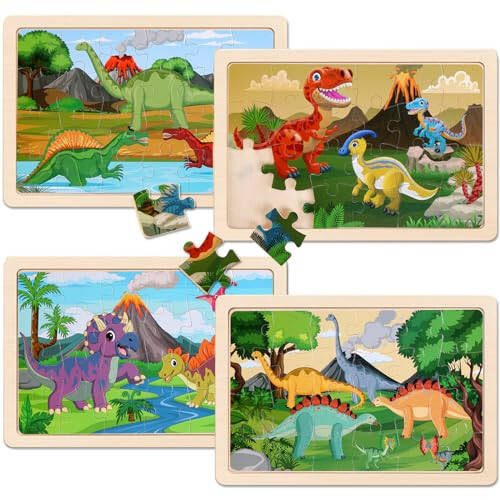 Wooden Puzzles Dinosaur Toys for Kids Ages 3-5, Set of 4 Packs with 20-Piece Wood Jigsaw Puzzles, Preschool Educational Brain Teaser Boards for Boys and Girls 3 4 5 6 Years Old - 3