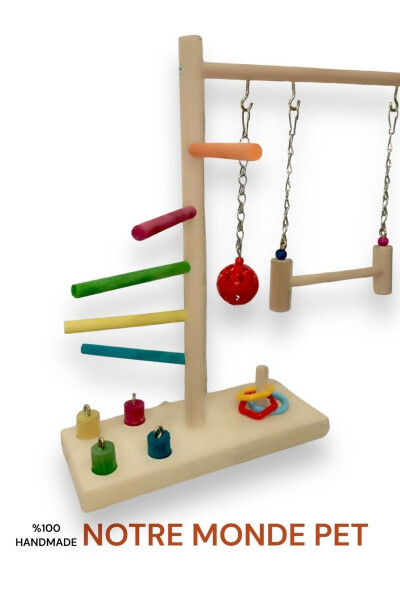 Wooden T Perch Suitable for Parakeets etc. Birds with Intelligence Game Bell Ball Swing - 4