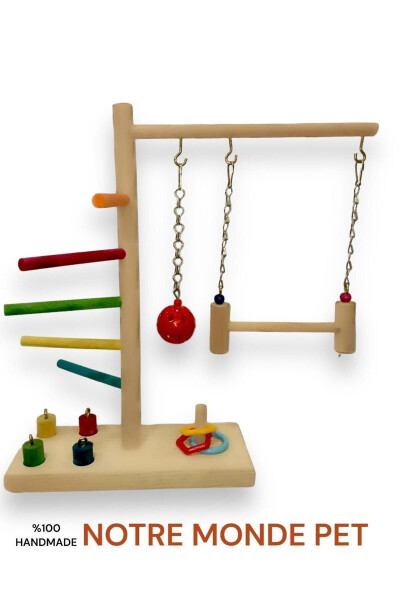 Wooden T Perch Suitable for Parakeets etc. Birds with Intelligence Game Bell Ball Swing - 1