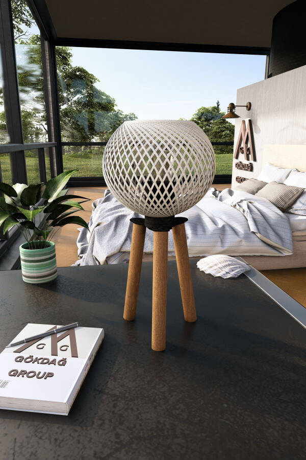 Wooden Three-Legged Tripod Table Lamp with Cream Globe Head - 2