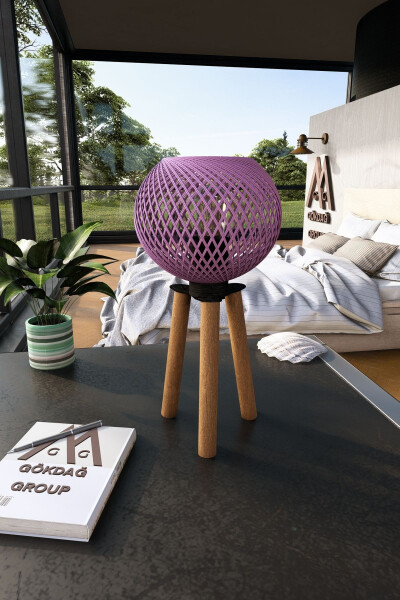 Wooden Three-Legged Tripod Table Lamp with Purple Sphere Head - 2