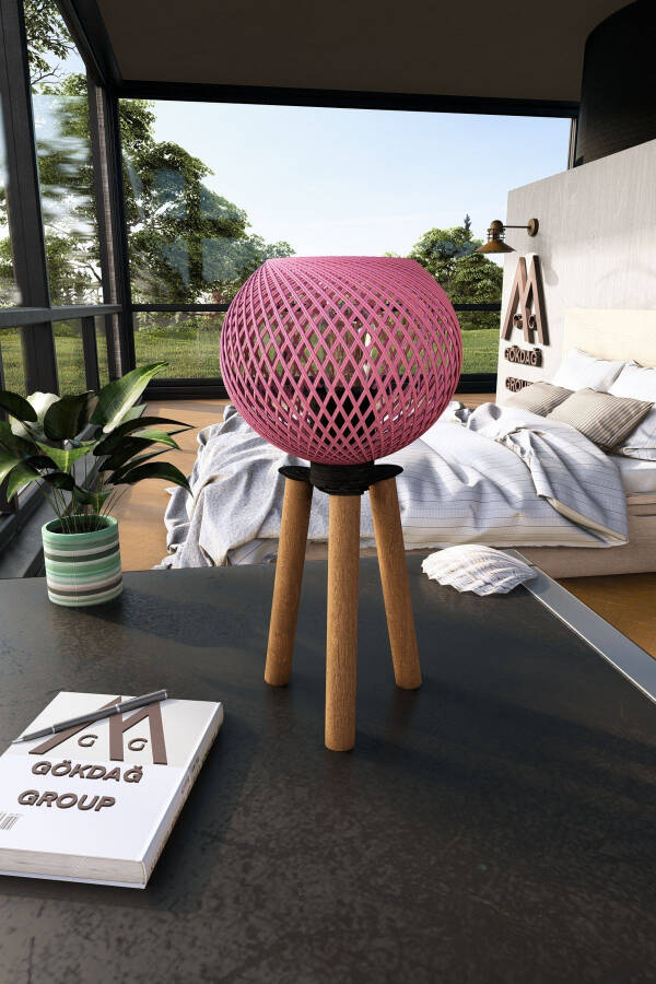 Wooden Tripod Floor Lamp with Pink Ball Head - 2