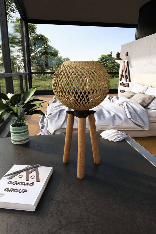 Wooden Tripod Floor Lamp with Wicker Ball Shade - 2