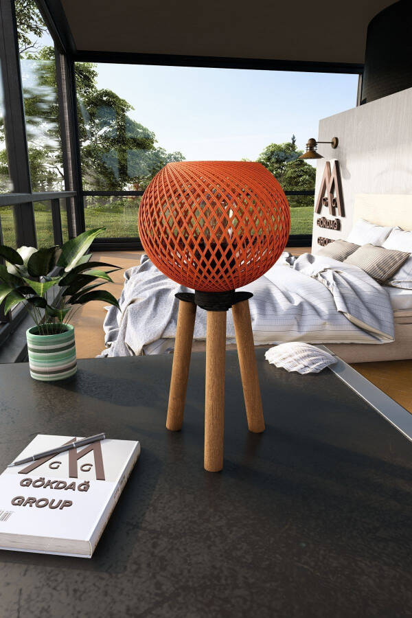 Wooden Tripod Table Lamp with Orange Ball Head - 1