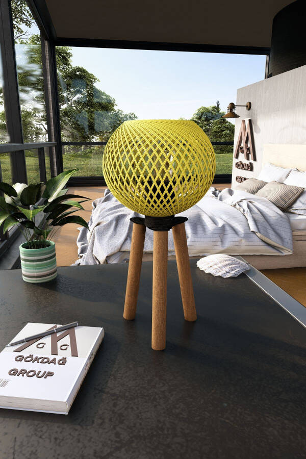 Wooden Tripod Table Lamp with Yellow Ball Shade - 2