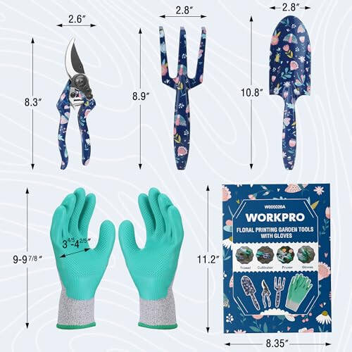 WORKPRO Aluminum Garden Tool Set, 4PCS Heavy Duty Hand Garden Tools with Box Include Trowel, Rake, Pruner, Garden Gloves, Floral and Insect Printing, Garden Gifts - 2