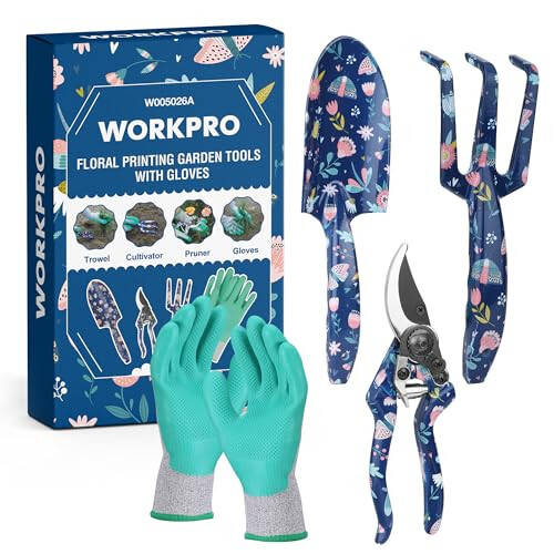 WORKPRO Alüminyum Bahçe Alet Seti, 4 Parça Ağır Hizmet Tipi El Bahçe Aletleri Kutulu, Kürek, Tırmık, Budayıcı, Bahçe Eldivenleri, Çiçek ve Böcek Baskılı, Bahçe Hediyeleri - 1