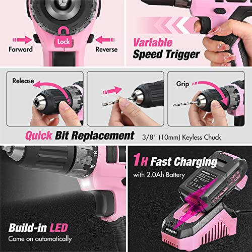 WORKPRO Pink Household Tool Kit with Drill, 157PCS Tool Set with 20V Cordless Lithium-ion Drill Driver, Home Tool Kit for All Purpose, Power Drill Sets with Pink Tool Bag - Pink Ribbon - 4