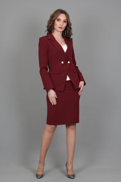 Wrap Cross Jacket & Pencil Skirt Suit - Burgundy - 7