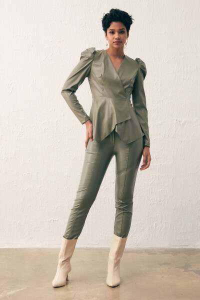 Wrap Leather Blouse - Sage Green - 5