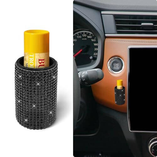 xbrtaia 1 Pack Upright Car Chapstick Holder, Bling Insulating Lip Balm Holder,Rhinestone Car Accessories for Women Interior,Suitable for Most Vehicles.(Black) - 1