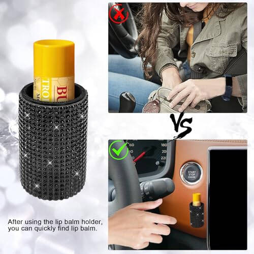 xbrtaia 1 Pack Upright Car Chapstick Holder, Bling Insulating Lip Balm Holder,Rhinestone Car Accessories for Women Interior,Suitable for Most Vehicles.(Black) - 3