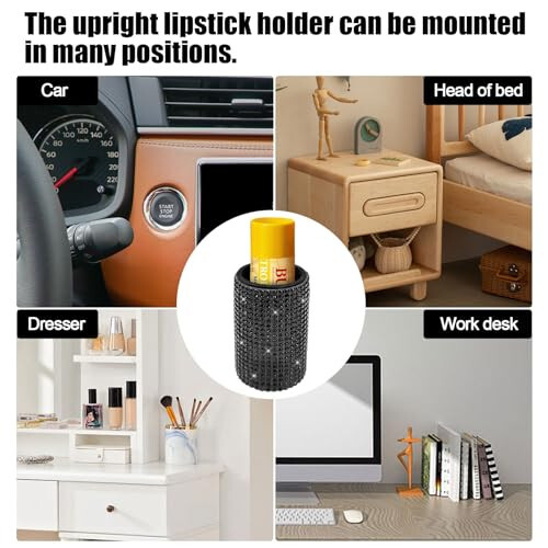 xbrtaia 1 Pack Upright Car Chapstick Holder, Bling Insulating Lip Balm Holder,Rhinestone Car Accessories for Women Interior,Suitable for Most Vehicles.(Black) - 6