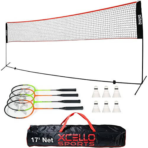 Xcello Sports Tam Badminton Raket Seti - 17 Feet Katlanabilir Ağ, 4 Raket, 6 Top ve Taşıma Çantası Dahil - 1