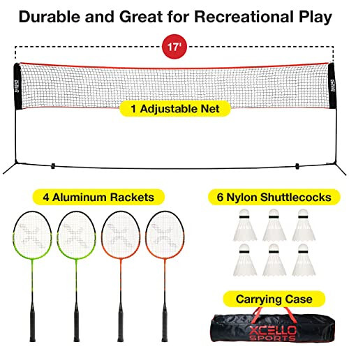 Xcello Sports Tam Badminton Raket Seti - 17 Feet Katlanabilir Ağ, 4 Raket, 6 Top ve Taşıma Çantası Dahil - 2