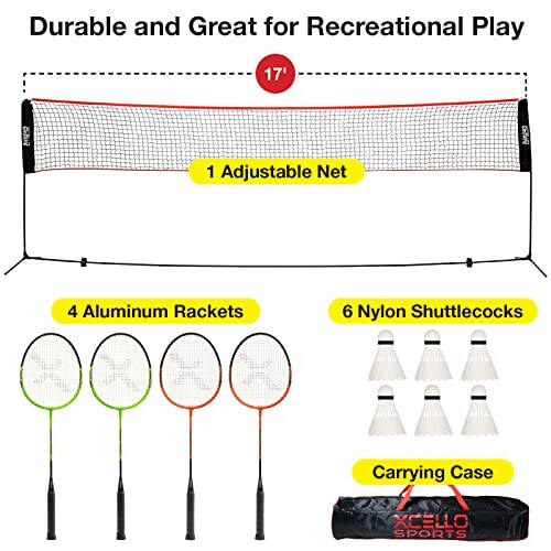 Xcello Sports Tam Badminton Raket Seti - 17 Feet Katlanabilir Ağ, 4 Raket, 6 Top ve Taşıma Çantası Dahil - 2