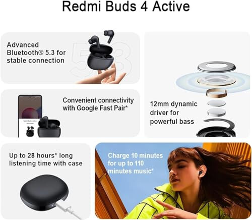 Xiaomi Redmi Buds 4 Active, Takomillashgan Bluetooth® 5.3, 12mm Dinamik Drayver, Google Tez Juftlashtirish, Korpus bilan 28 soatgacha* uzoq tinglash vaqti, Grafit qora - 2