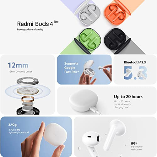 Xiaomi Redmi Buds 4 Lite TWS Simsiz Quloqchinlar, Bluetooth 5.3 Past Gecikishli O'yin Quloqchinlari, AI Qo'ng'iroq Shovqinini Bekitish, IP54 Su O'tkazmaydigan, 20 Soat O'ynash Vaqti, Yengil Qulaylikka Moslashtirilgan Quloqchinlar, Oq - 2