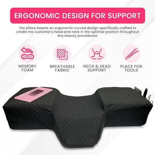 XOLLOZ Pillow for Eyelash Extensions - Curved Memory Foam Lash Bed Pillow with Neck and Back Support, Perfect Pillow for Eyelash Extensions, Two Pockets for Tools On The Sides of Pillow (Black) - 1