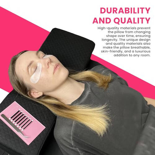 XOLLOZ Pillow for Eyelash Extensions - Curved Memory Foam Lash Bed Pillow with Neck and Back Support, Perfect Pillow for Eyelash Extensions, Two Pockets for Tools On The Sides of Pillow (Black) - 3