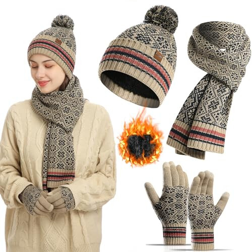 XonyiCos 3Pcs Winter Hat Scarf and Touchscreen Gloves for Women Knit Beanie Hat Neck Warm Scarf Set Fleece Lined Skull Cap - 1