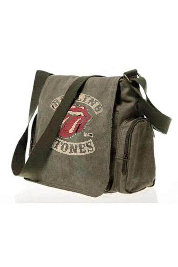 Y2k Rolling Stones Vintage Baskılı Unisex Yeşil Postacı Çantası - 4