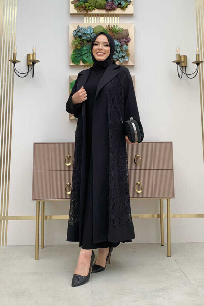 Yakalı Dantel Güpür Detay Abaya 7830 Siyah - 2