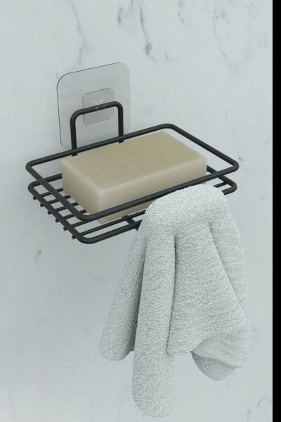 Yapışkanlı 2'li Set Sabunluk Banyo Mutfak Lavabo Metal Katı Sabunluk Siyah - 5