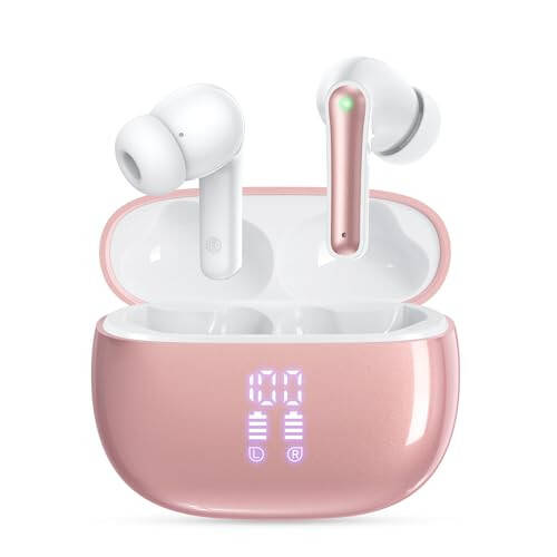 YAQ Wireless Earbuds Bluetooth Headphones, 40H Playtime Stereo IPX5 Waterproof Ear Buds, LED Power Display Cordless in-Ear Earphones with Microphone for iPhone Android Cell Phone Sports, Pink - 2