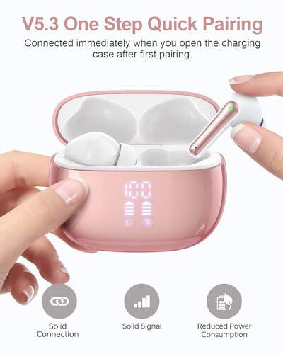 YAQ Wireless Earbuds Bluetooth Headphones, 40H Playtime Stereo IPX5 Waterproof Ear Buds, LED Power Display Cordless in-Ear Earphones with Microphone for iPhone Android Cell Phone Sports, Pink - 4