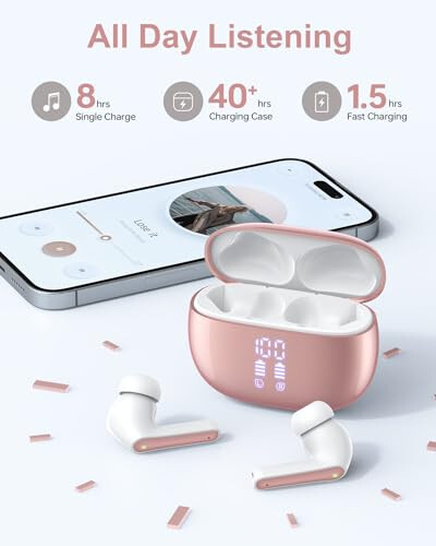 YAQ Wireless Earbuds Bluetooth Headphones, 40H Playtime Stereo IPX5 Waterproof Ear Buds, LED Power Display Cordless in-Ear Earphones with Microphone for iPhone Android Cell Phone Sports, Pink - 6